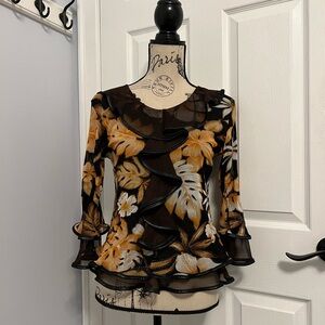 Floral Ruffle Women's Top - Black and Orange